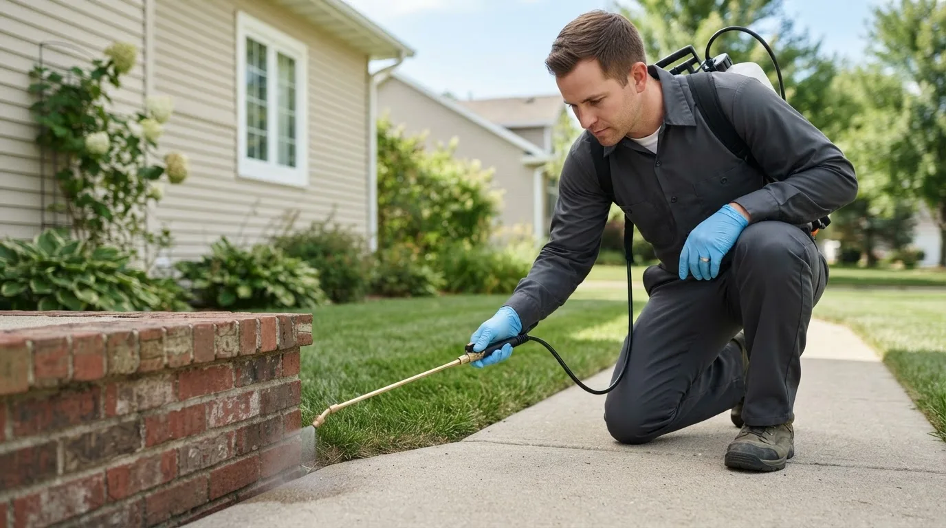 Pest control technician treating a home near Hamlin, IA